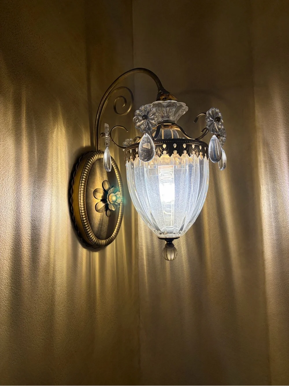 Brass & Clear Crystal Wall Sconce - Elegant Floral Accent